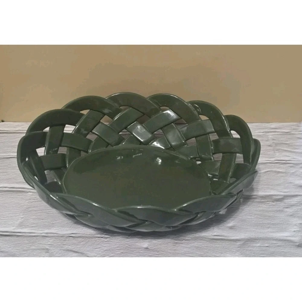 RARE Vintage Primo'Gi  Ceramic Woven Bread Snack Basket Italy Lime Green 9.5